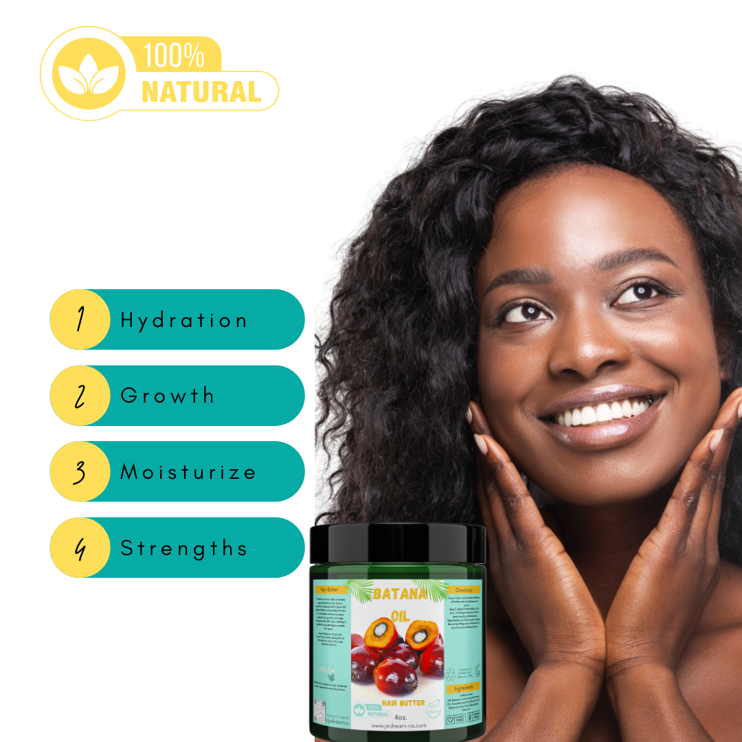 Batana butter and a lady with her on her face and 4 benefits of the butter written on chart beside her