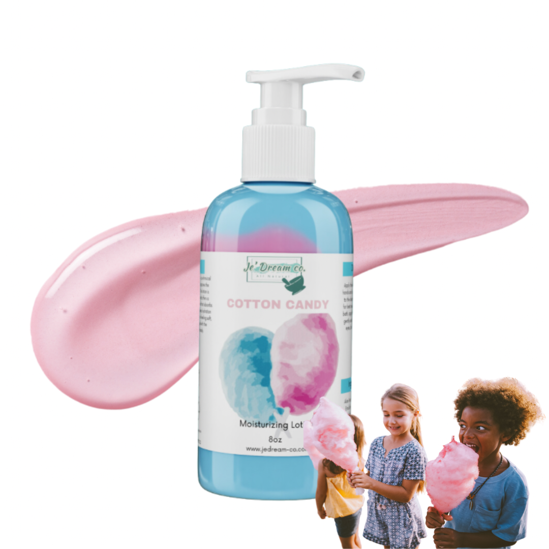 Front packet of my Cotton candy organic lotion with lotion texture in background and kids with cotton candy 