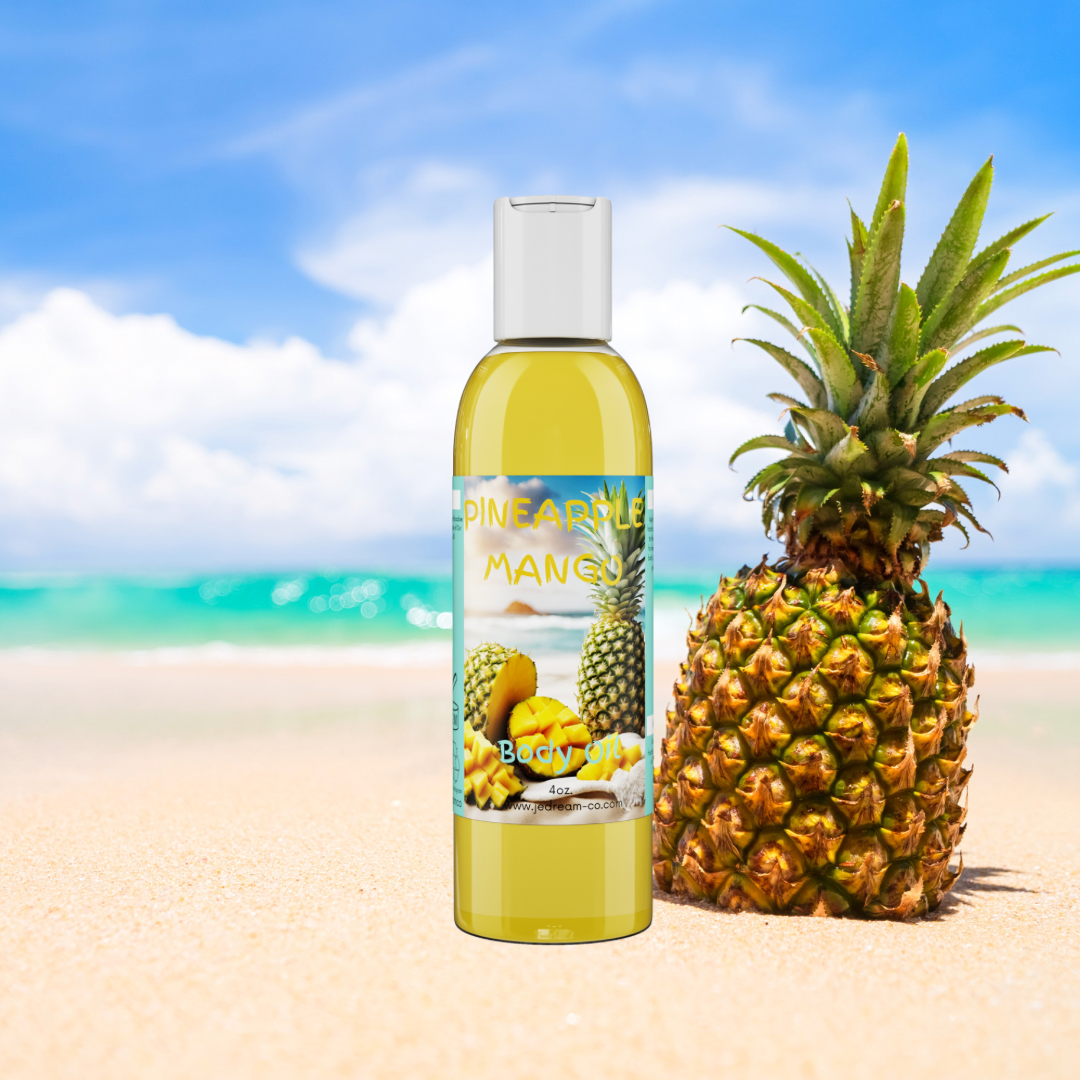 Pineapple mango body oil with pineapple in background sitting on the beach 