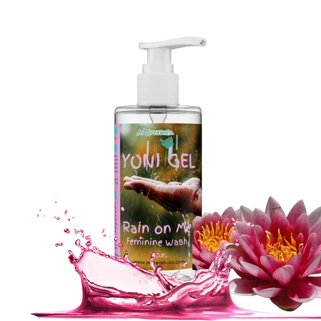 Rain on me yoni gel with water and pink flower in background 