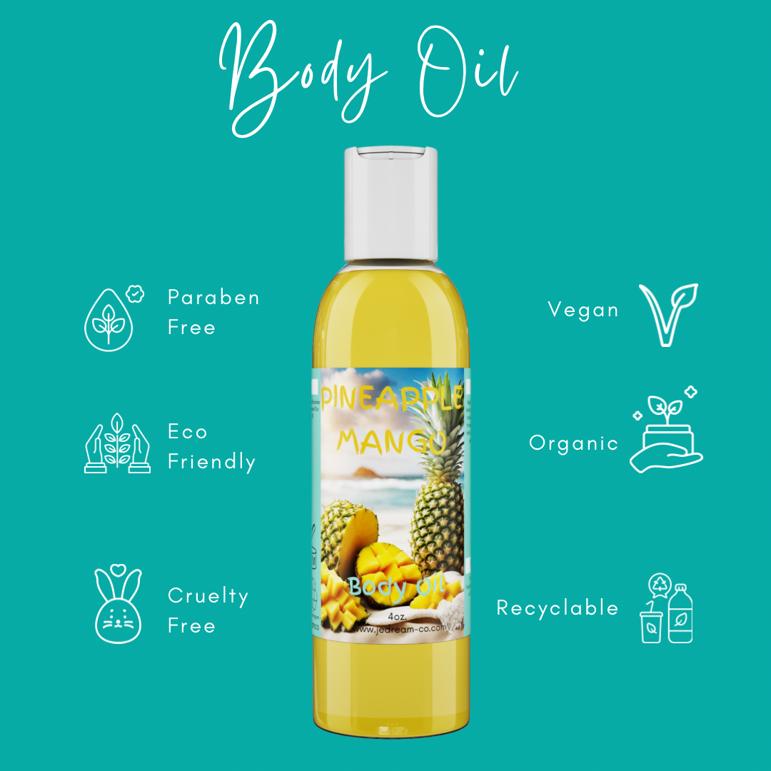 Pineapple mango body oil 4 ounce bottle , front packet 