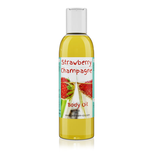 Strawberry champagne body oil 4 ounce bottle , front packet 