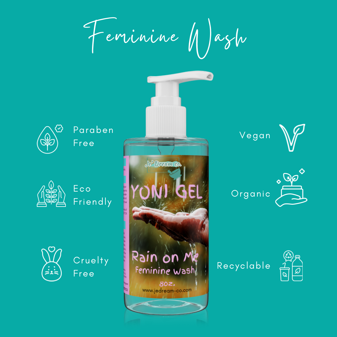 Front packet, rain on me yoni gel 8 ounce bottle 