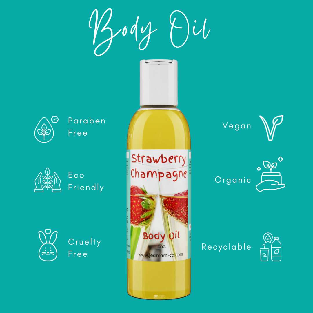 Strawberry champagne body oil 4 ounce bottle , front packet 
