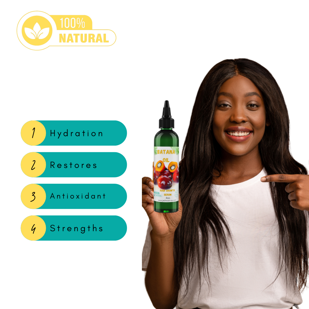 Picture of a lady holding my Batana hair oil and a written chart beside it with the benefits of the oil 